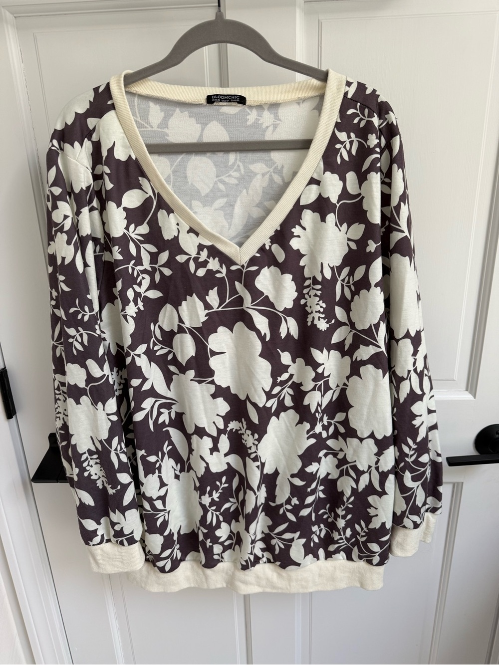 BloomChic Cream and Dark Brown Floral V-Neck Sweatshirt